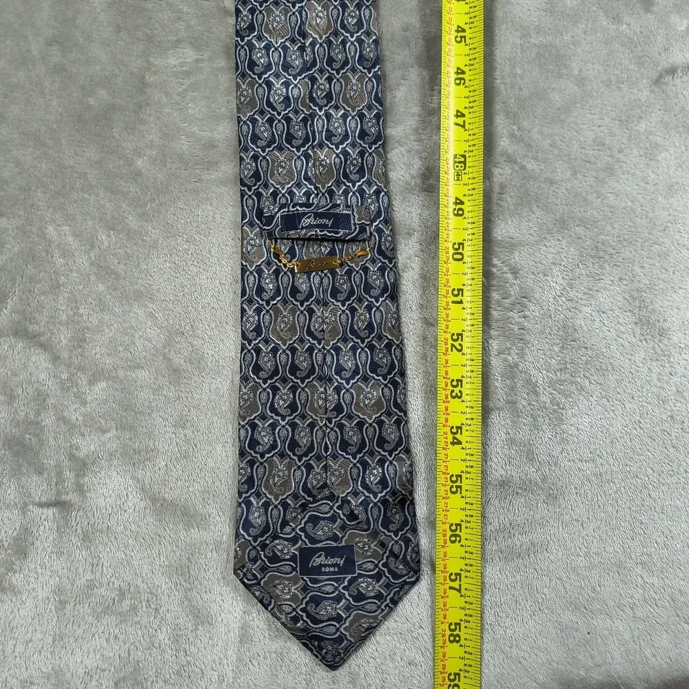 Vintage Brioni Tie Men 58.5x3.75 Blue Silver Paisley Medallion Silk Italian Roma